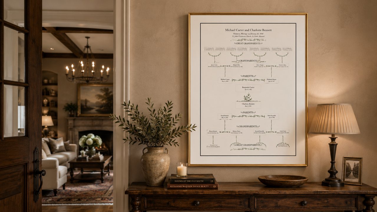 A gold-framed Branch & Vow lineage artwork hanging above an entry console in a warmly lit traditional home